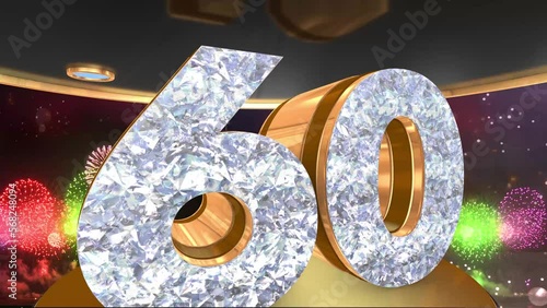 60th anniversary animation in gold and diamonds with fireworks background, 
Animated 60 years anniversary Wishes in 4K 