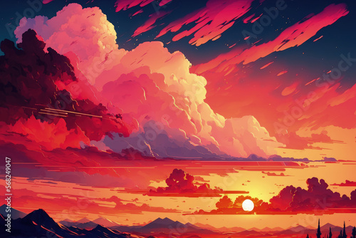 Dramatic red sky. Beautiful and colorful sunset. Generative AI