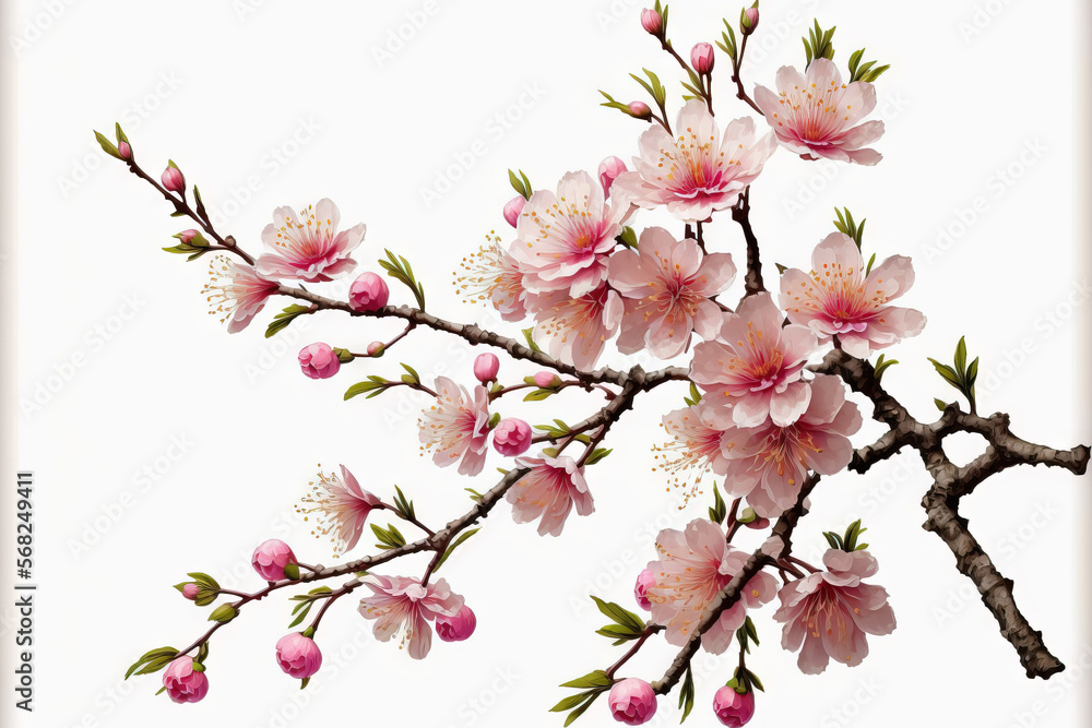 Japanese sakura branch with pink blooms in bloom. on a white background, alone. Generative AI Japanese sakura branch with pink blooms in bloom. on a white background, alone. Generative AI
