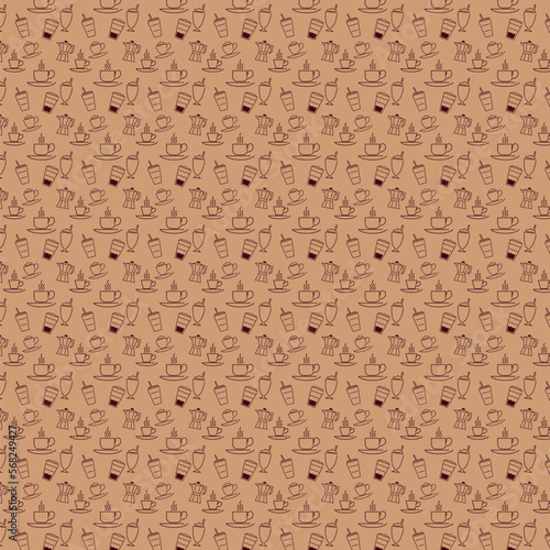 seamless pattern with coffee drinks on a light brown background