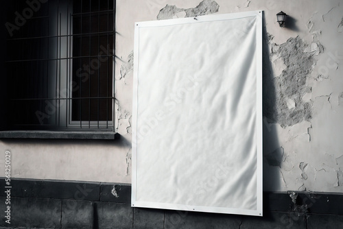white poster with wrinkles. glued paper mockup a wall with texture and blank wheatpaste. mock up for an empty street art sticker. urban clear glued canvas for advertising. advertisement on a billboar photo