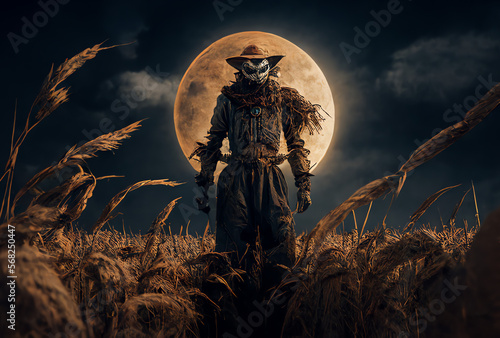 portrait of the scarecrow witch approaching by a full moon, generative ai photo