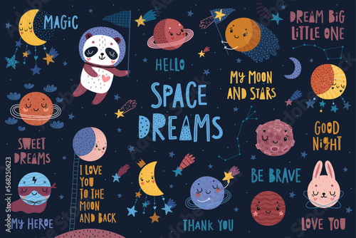 Space collection, childish hand drawn elements - moon, stars and planets.