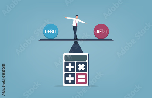 Businessman keeping balance between debit and credit on the seesaw concept, vector illustration photo