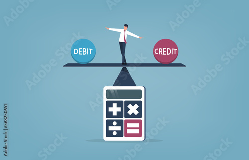 Businessman keeping balance between debit and credit on the seesaw concept, vector illustration