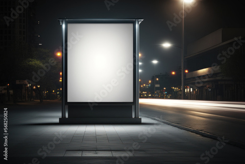 Advertising mockup in an urban environment, public information board with automobiles lights in the background, electronic blank billboard with copy space for your text message or content, and empty p