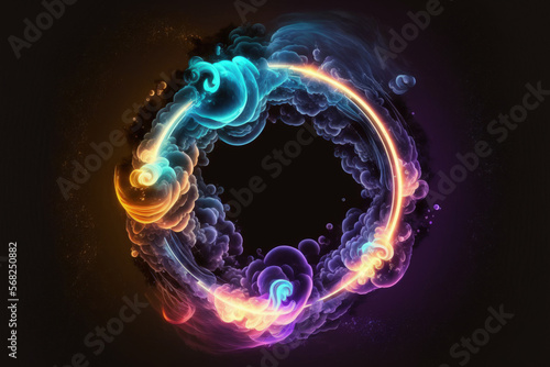 contemporary smoke Geometric circle in neon colors against a dark background. circular magical portal. Generative AI