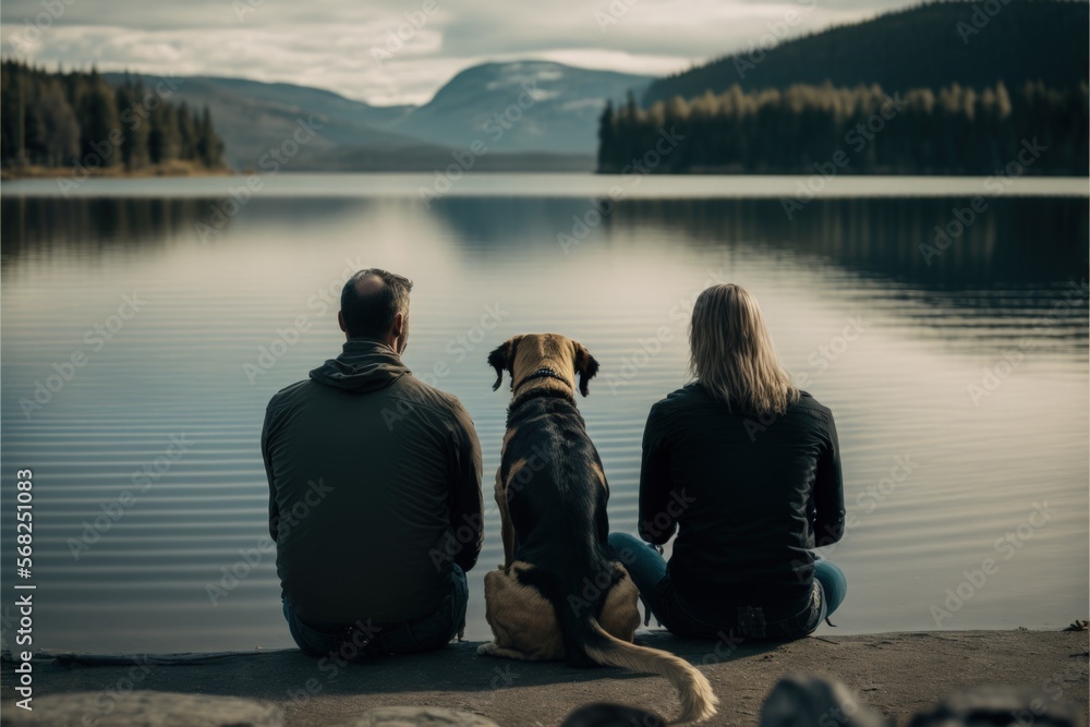 Couple and a dog sitting in front a lake, Generative AI