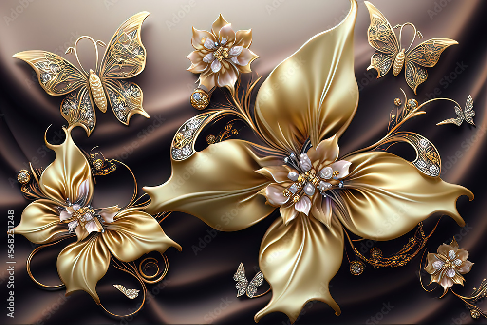 Golden Jewelry Flowers with jewelry butterflies, silk background, 3d