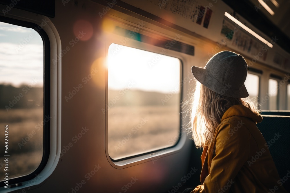 Woman on a train looking through the window, travel concept, chasing her dreams, generative AI - obrazy, fototapety, plakaty 