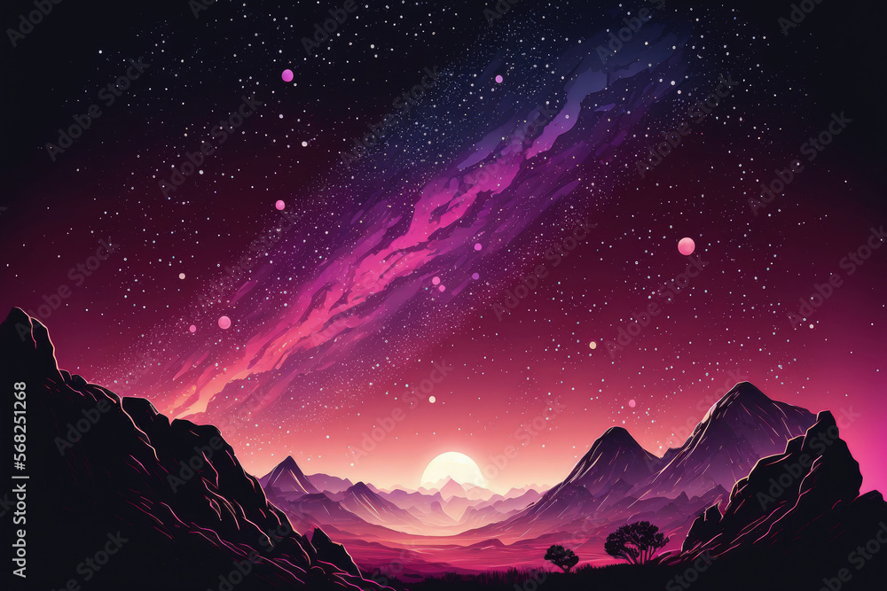Pink light and the Milky Way at the mountains. nighttime colorful scene. Starry summer sky with hills. Lovely Universe. galaxy in the background of space. travel history. Generative AI