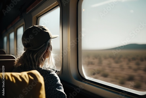 Woman on a train looking through the window, travel concept, chasing her dreams, generative AI