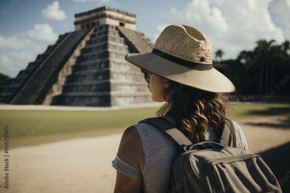 Woman looking at Chichen Itza, travel in mexico, Generative AI