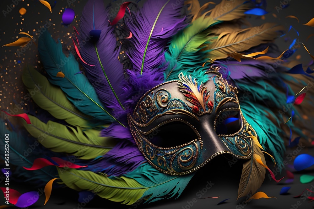 Celebrate the vibrant spirit of mardi gras mask, Venetian carnival mask ,beads decoration,feathers decor background,colorful and festive background,Generative AI
