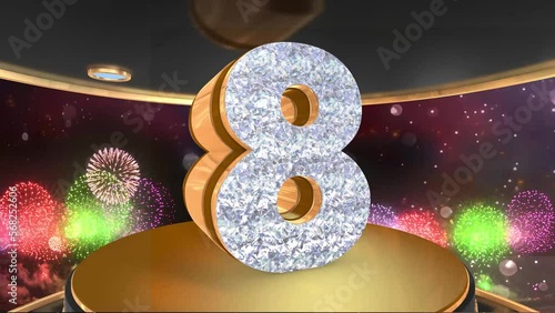 8th birthday animation in gold and diamonds with fireworks background, 
Animated 8 years Birthday Wishes in 4K