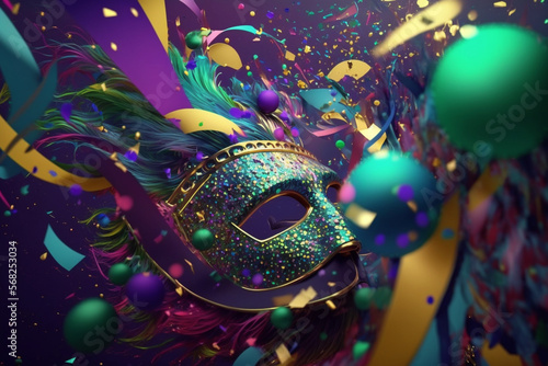 Abstract background with brazilian carnival pary theme, confetti, streamers glitter, Generative AI photo