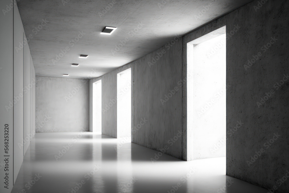 Industrial interior background abstract vacant, modern concrete walls hallway room with indirect ceiling lights,. Generative AI Industrial interior background abstract vacant, modern concrete walls hallway room with indirect ceiling lights,. Generative AI