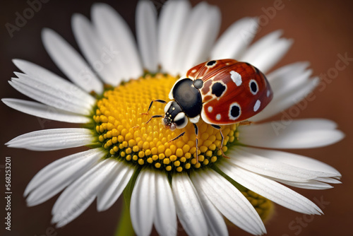 Close up of a ladybug on a daisy blossom. Generative AI