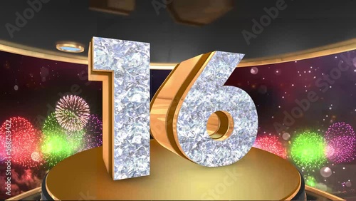 16th birthday animation in gold and diamonds with fireworks background, 
Animated 16 years Birthday Wishes in 4K photo