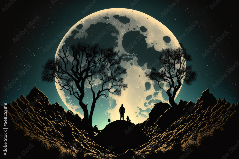A full moon at night above a silhouetted hill. Generative AI