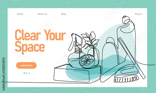 Home cleaning service landing page design concept, illustration of janitors with cleaning tools. Vector illustration