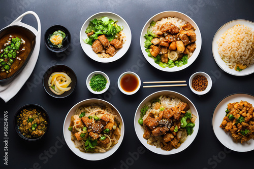 chinese food, chinese traditional cuisine dishes on dark background, top view,