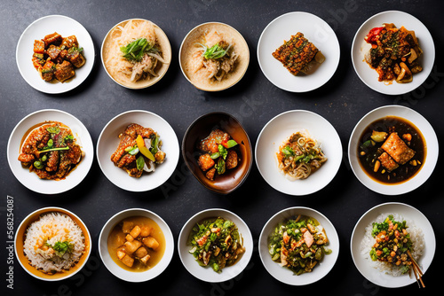 chinese food, chinese traditional cuisine dishes on dark background, top view,