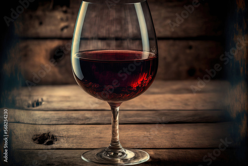 Red wine is poured into a glass on a wooden backdrop. Generative AI