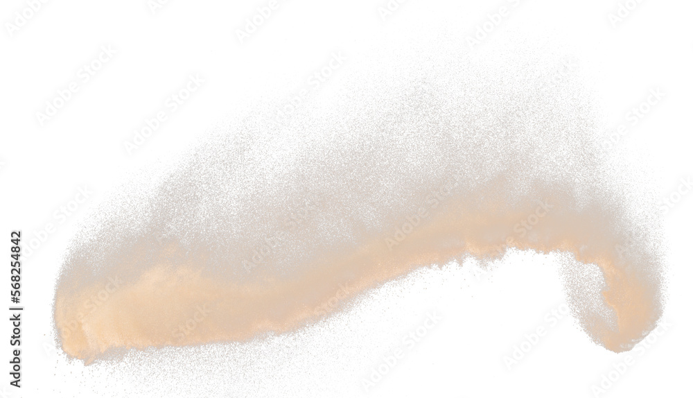 Fototapeta premium Small size fine Sand flying explosion, Golden grain wave explode. Abstract cloud fly. Yellow colored sand splash silica in Air, Galaxy star universe sign symbol. Element Black background Isolated