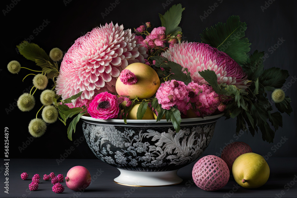 On the dining table, exotic fruits in a black and white bowl and pink flowers in a stylish vase. Generative AI