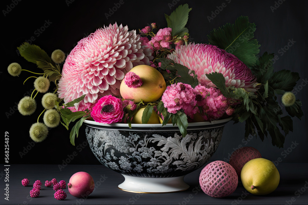 On the dining table, exotic fruits in a black and white bowl and pink flowers in a stylish vase. Generative AI On the dining table, exotic fruits in a black and white bowl and pink flowers in a stylish vase. Generative AI