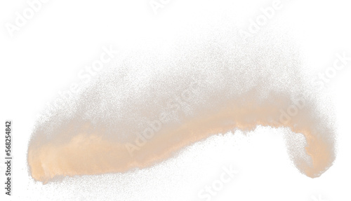 Small size fine Sand flying explosion, Golden grain wave explode. Abstract cloud fly. Yellow colored sand splash silica in Air, Galaxy star universe sign symbol. Element Black background Isolated photo