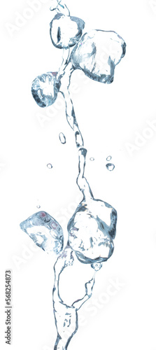 Ice Cubes explosion flying, crystal clear ice wave floating, fall down in air. Ice Brick block cube is frozen water healthy thirsty. White background Isolated high speed shutter, freeze stop motion