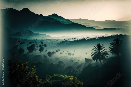 mountains in the morning mist Wonderful natural view from Kerala Image of God's own Country used in tourism and travel fresh and serene nature picture. Generative AI © 2rogan