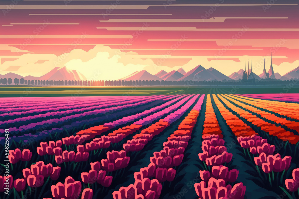Fototapeta premium Dutch tulip fields at sunrise in a picturesque landscape (relaxation, meditation, stress management concept). Generative AI