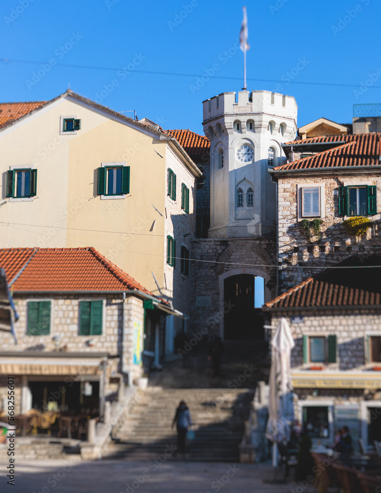 Obraz premium Herceg Novi town, Kotor bay, streets of Herzeg Novi, Montenegro, with old town scenery, church, Forte Mare fortress, Adriatic sea coast in a sunny day