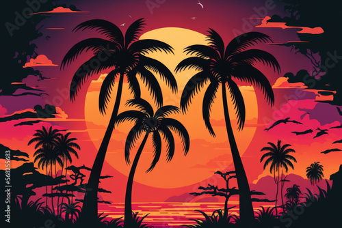 Coconut palm trees in front of a vibrant sunset. Generative AI © AkuAku