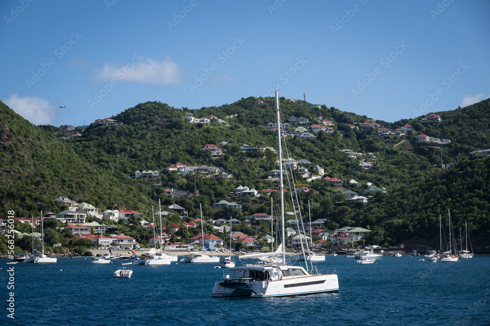 Boats at anchor in the port of Gustavia, capital of St Barth (Saint Barthelemy)