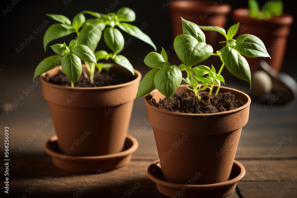 Basil seedlings in peat terra cotta pots. Brown wooden table, small basil plant in biodegradable pot. Generative AI Basil seedlings in peat terra cotta pots. Brown wooden table, small basil plant in biodegradable pot. Generative AI