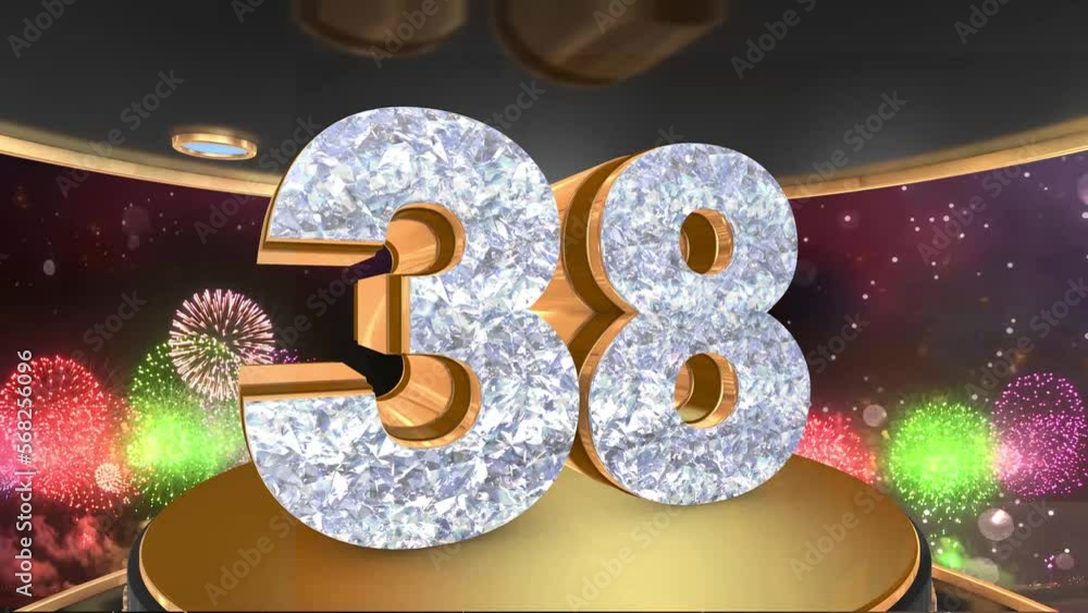 38th birthday animation in gold and diamonds with fireworks background ...