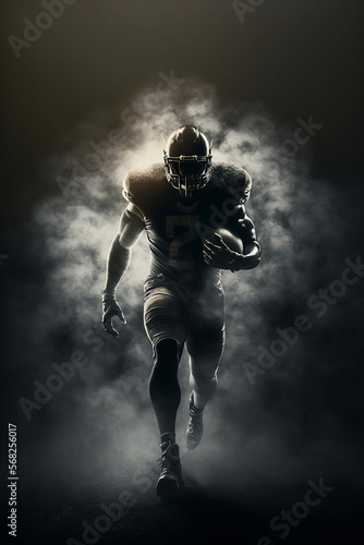 A black american football player running while carrying football, generative ai