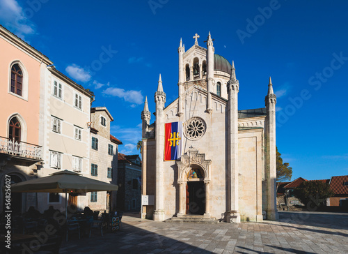 Herceg Novi town, Kotor bay, streets of Herzeg Novi, Montenegro, with old town scenery, church, Forte Mare fortress, Adriatic sea coast in a sunny day photo