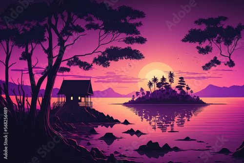 Beautiful sunrise on Thailand s Koh Payam island. Purple screen. Generative AI