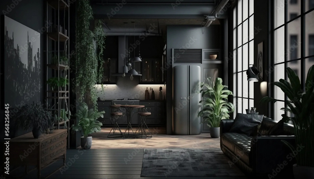 Modern dark home interior background, loft interior, 3d render. Made with Generative AI.