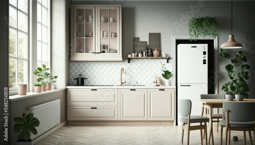 Scandinavian kitchen interior, wall mock up, 3d render. Made with Generative AI.
