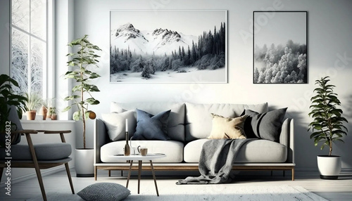 Minimalist modern living room interior background, Scandinavian style, 3D render. Made with Generative AI.