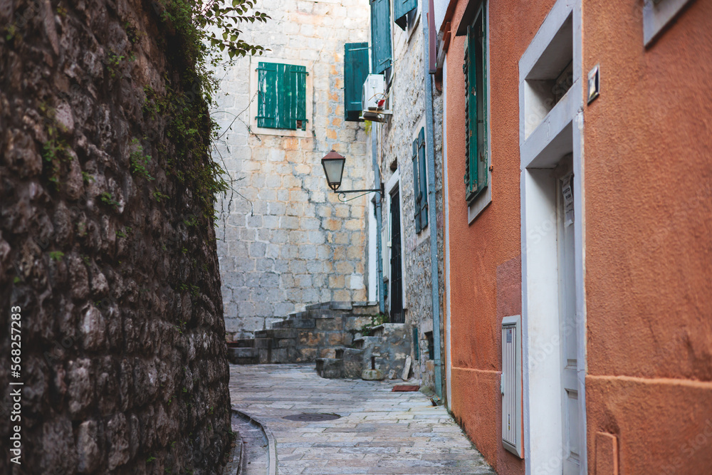 Herceg Novi town, Kotor bay, streets of Herzeg Novi, Montenegro, with old town scenery, church, Forte Mare fortress, Adriatic sea coast in a sunny day