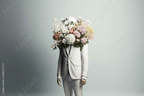  man dressed in suit with her head covered with a  bouquet of natural flowers in empty background, concept of people in love. Generative AI