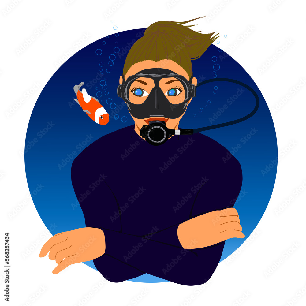 Woman scuba diver and Clownfish illustration - obrazy, fototapety, plakaty 