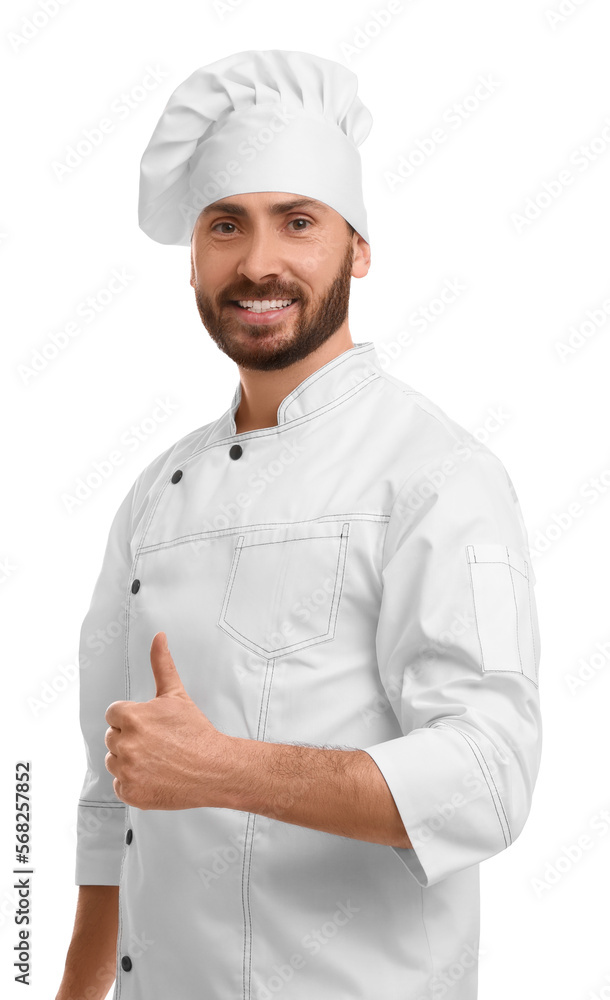 Mature chef showing thumbs up on white background Mature chef showing thumbs up on white background